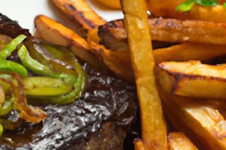 Savoring Ribeye Steak with Onions and Crispy Fries Delight