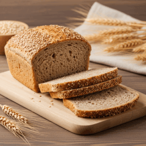 Homemade barley bread loaf topped with sesame seeds, sliced on a wooden board — a wholesome, fiber-rich bread perfect for healthy breakfasts and clean eating.