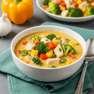 A warm bowl of creamy broccoli cheddar soup with tender chicken chunks, colorful bell peppers, and fresh broccoli florets, served on a green napkin.