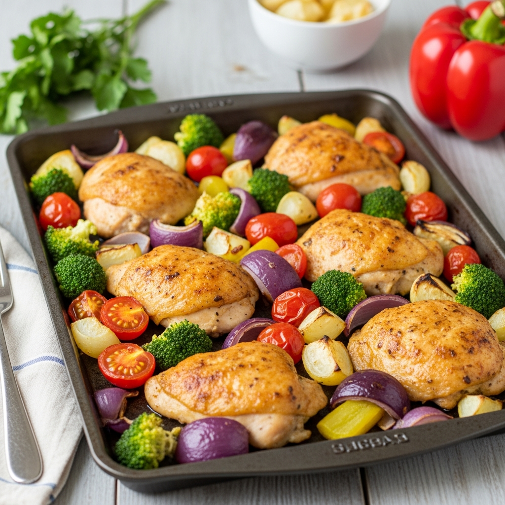 Sheet pan with roasted chicken thighs, cherry tomatoes, broccoli, red onion, and yellow bell peppers, arranged on a baking tray.