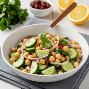 Fresh chickpea and cucumber salad with sliced red onions, tomatoes, and parsley served in a white bowl with lemon halves and herbs in the background.