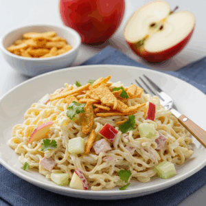 Creamy noodle salad with crisp apple cubes, mayonnaise dressing, and crunchy toppings — a sweet and savory salad perfect for easy lunches or summer meals.