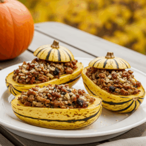Three halves of delicata squash stuffed with a savory mix of nuts, dried fruit, and crumbled topping, served on a white plate outdoors with a pumpkin in the background.