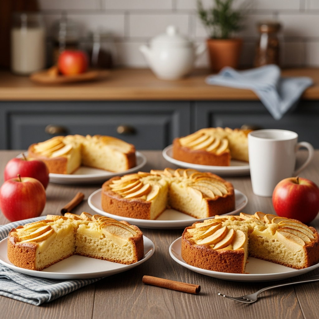 Homemade German apple cakes arranged on plates, each topped with thinly sliced apples in a spiral pattern, with fresh apples and cinnamon sticks on a wooden kitchen table.