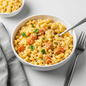 Creamy macaroni and cheese served in a white bowl, mixed with tender chunks of sweet potatoes and garnished with fresh herbs.
