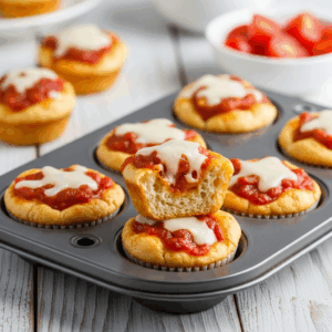 Mini muffin pizzas topped with melted mozzarella and rich tomato sauce — an easy, kid-friendly snack or party appetizer bursting with cheesy flavor.