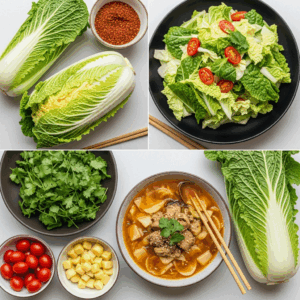 Collage showing fresh Napa cabbage and ingredients including cherry tomatoes, cilantro, tofu cubes, and spices, along with a finished bowl of Asian-style soup garnished with cilantro and sesame seeds.