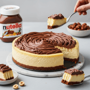 A rich cheesecake topped with a thick swirl of creamy Nutella, with slices being served and a jar of Nutella and hazelnuts in the background.