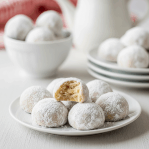 Soft snowball cookies coated in powdered sugar, arranged on a white plate, with one cookie bitten to show its crumbly, buttery interior.