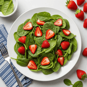 Fresh strawberry spinach salad with juicy sliced strawberries and tender baby spinach leaves — a healthy, refreshing, and colorful summer salad.