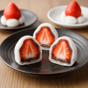Close-up of sweet strawberry mochi filled with fresh strawberries and red bean paste, coated in soft, chewy mochi dough and served on a white plate with coconut flakes and mint leaves.