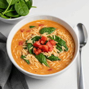 A warm bowl of creamy tomato soup filled with tender orzo pasta, fresh spinach leaves, and topped with diced tomatoes, served with a spoon on the side.