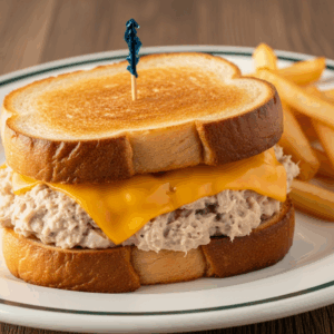 Toasted tuna melt sandwich with creamy tuna salad and melted cheddar cheese served on thick golden bread with a side of crispy French fries.