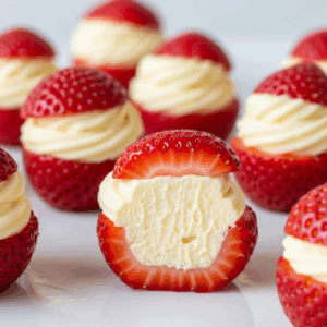 Fresh strawberries filled with creamy cheesecake filling, arranged on a white surface as bite-sized strawberry cheesecake treats.