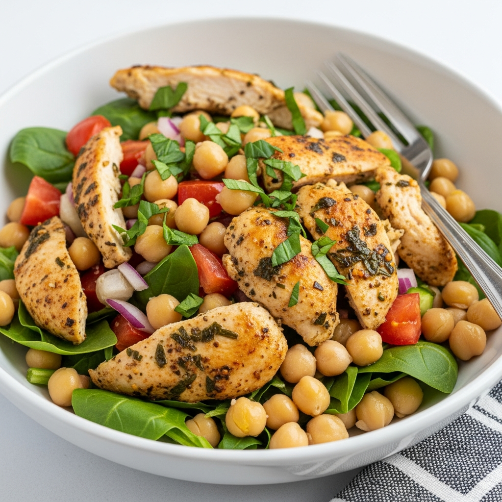 Healthy grilled chicken and chickpea salad with spinach, cherry tomatoes, and red onion — a protein-packed, easy meal prep recipe perfect for clean eating or a light lunch.