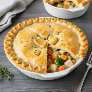 Golden-brown chicken pot pie with a flaky crust, partially sliced open to reveal a filling of diced chicken, carrots, peas, and broccoli.