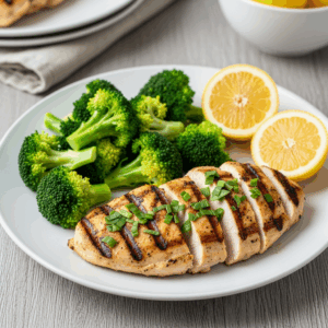 Grilled lemon herb chicken breast sliced and served with steamed broccoli and fresh lemon halves on a white plate.