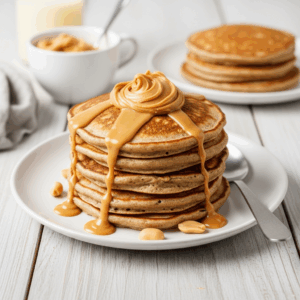 Stack of fluffy whole grain pancakes drizzled with creamy peanut butter sauce on a white plate — a wholesome, protein-rich breakfast perfect for meal prep or healthy mornings.