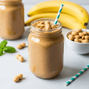 Creamy peanut butter banana smoothie topped with roasted peanuts — a healthy, high-protein breakfast or post-workout drink made with natural ingredients.