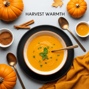 Cozy autumn pumpkin soup in a black bowl topped with basil and herbs, surrounded by pumpkins, cinnamon, and fall leaves — the perfect creamy, healthy comfort food for chilly days.