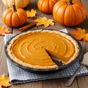 A classic homemade pumpkin pie with a smooth orange filling and crumb crust, surrounded by small pumpkins, fall leaves, and cinnamon sticks on a rustic wooden table.