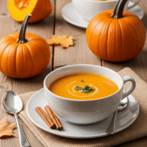 Creamy homemade pumpkin soup served in a white bowl, topped with fresh herbs and surrounded by small pumpkins — a cozy, healthy fall comfort food perfect for chilly days.