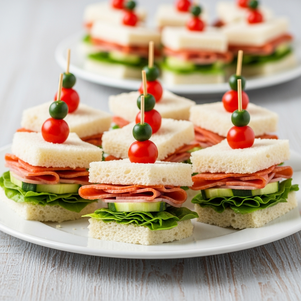 Mini sandwich skewers made with soft white bread, lettuce, cucumber slices, deli meat, and topped with cherry tomatoes on toothpicks, arranged on a white plate.