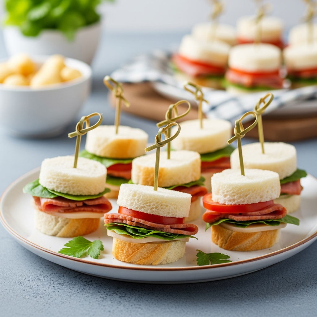 Mini sandwich skewers made with round-cut bread slices, deli meat, fresh spinach, and tomato, secured with decorative picks and arranged neatly on a serving plate. A fun and easy appetizer idea for parties or snacks.