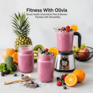 Fresh berry smoothies in mason jars and a blender surrounded by oranges, pineapple, kiwi, avocado, and chia seeds, styled with “Fitness With Olivia” text for a healthy smoothie and fitness theme.