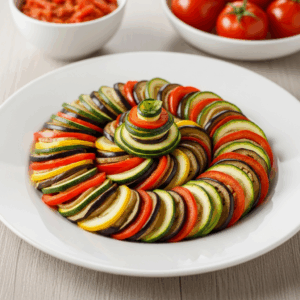 Beautiful spiral ratatouille made with colorful layers of zucchini, eggplant, yellow squash, and tomato — a stunning, healthy vegan recipe perfect for dinner or entertaining.
