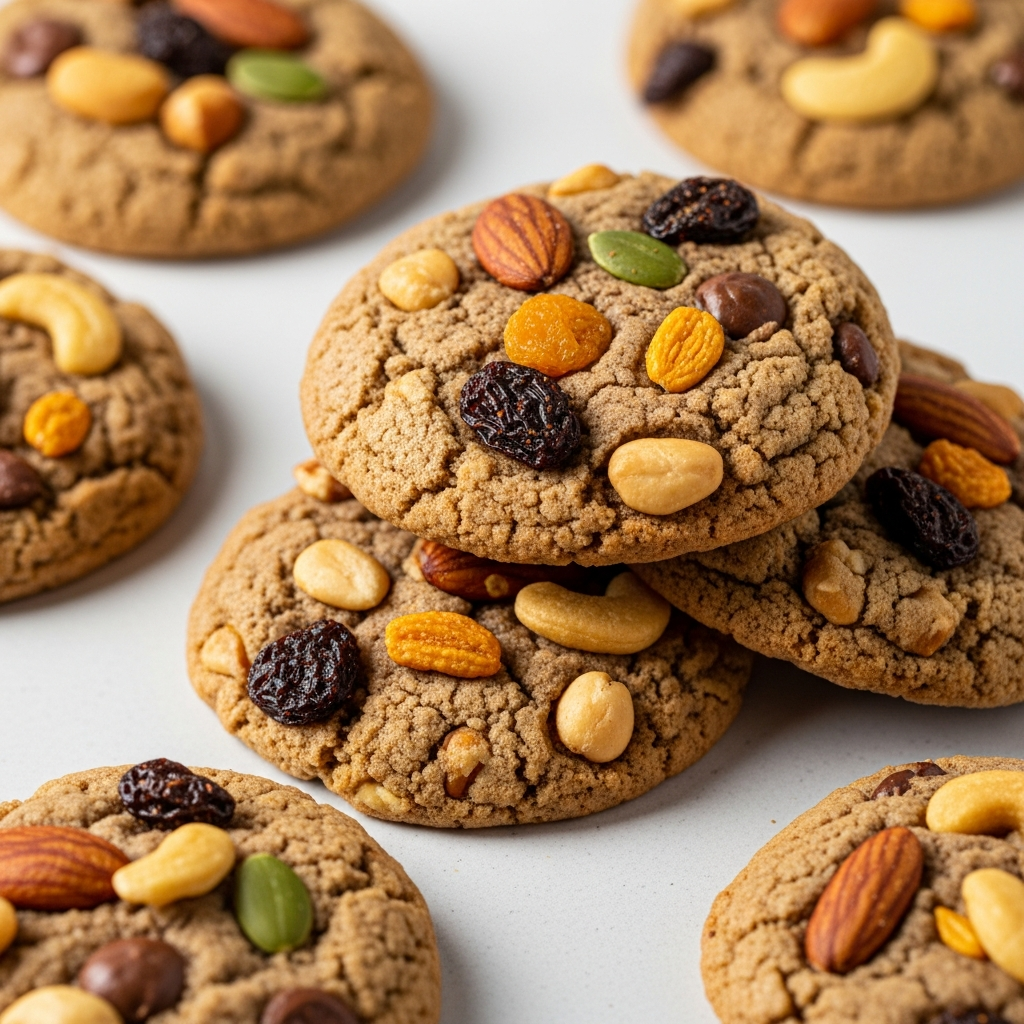 Soft, golden brown cookies topped with mixed nuts, chocolate chips, pumpkin seeds, raisins, and dried fruit, arranged on a light surface.