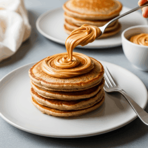 Stack of fluffy whole-grain pancakes topped with creamy peanut butter — a hearty and healthy breakfast idea perfect for busy mornings or weekend brunch.