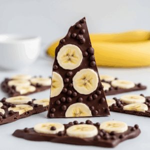 Dark chocolate banana bark topped with fresh banana slices and crispy chocolate pearls, arranged in pieces on a light surface.