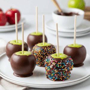 Fresh green apples dipped in smooth chocolate, some coated with colorful sprinkles, arranged on a white plate with sticks inserted for easy serving.