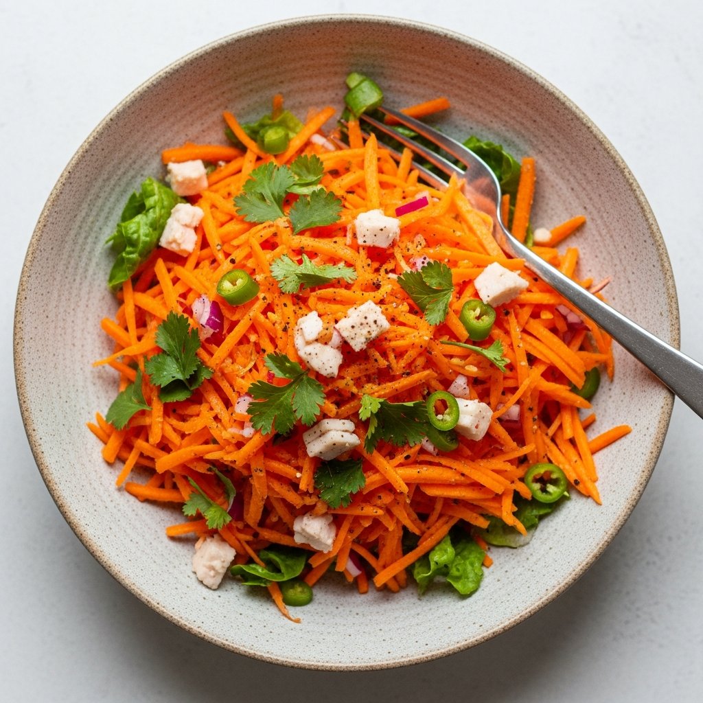 Bowl of crunchy carrot salad with shredded carrots, chopped green chili, fresh cilantro, leafy greens, cubes of cheese, and a fork on the side.