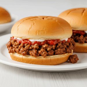 A close-up of a classic Sloppy Joe sandwich filled with seasoned ground beef and topped with ketchup and mayo on a soft toasted bun, served on a white plate. A hearty and comforting meal perfect for easy weeknight dinners.