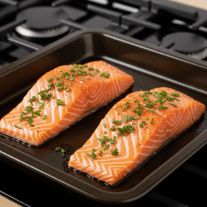Two raw salmon fillets seasoned with fresh chopped herbs on a baking tray, ready to be cooked on a stovetop.
