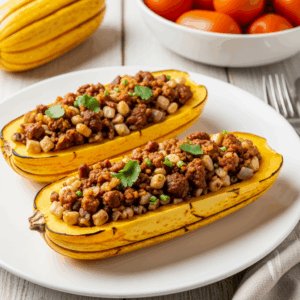 Halved delicata squash stuffed with a savory mixture of seasoned ground meat, corn, onions, and herbs, served on a white plate. A hearty and healthy fall recipe perfect for meal prep or dinner.