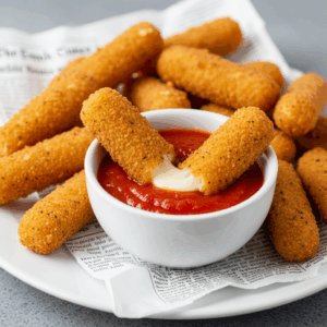 Crispy golden mozzarella sticks served on a plate, with one cheese stick pulled apart as it dips into a bowl of marinara sauce.