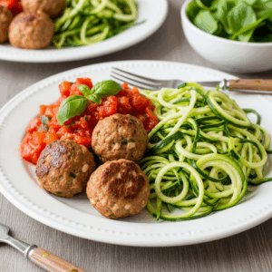 Healthy turkey meatballs served with fresh zucchini noodles and tomato basil sauce — a low-carb, protein-packed dinner perfect for meal prep or clean eating.
