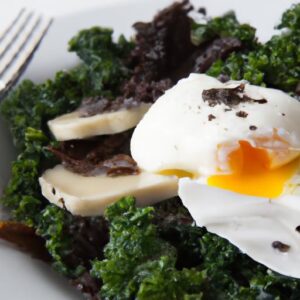 Poached Eggs Nestled on Sautéed Kale and Mushrooms Delight