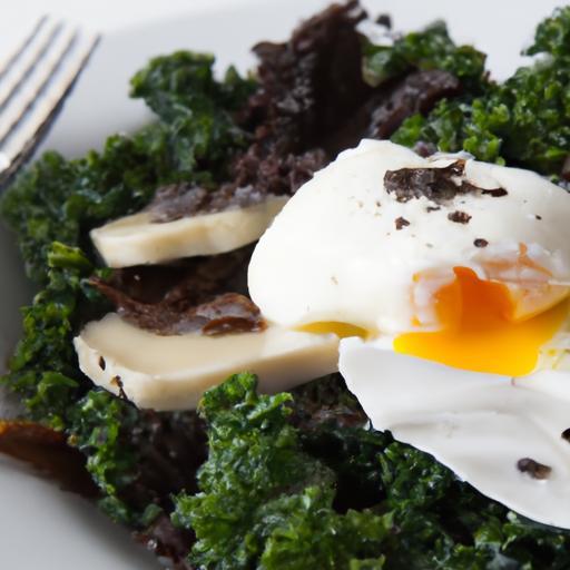 Poached Eggs Nestled on Sautéed Kale and Mushrooms Delight