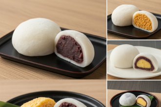 Split screen comparison showing two desserts. On the left: scoops of pink frozen yogurt and berries topped with a swirl of soft serve and honey. On the right: scoops of vanilla and chocolate ice cream topped with chocolate syrup and peanuts.