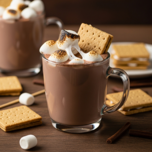 A glass mug of rich hot chocolate topped with toasted marshmallows and a graham cracker square on a wooden table.