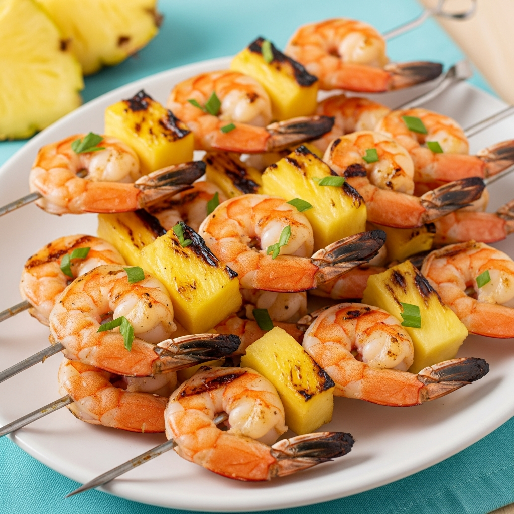 Close-up of grilled shrimp and pineapple skewers on a white plate with blue background, featuring juicy pink shrimp, charred golden pineapple chunks, green cilantro garnish, and skewers arranged neatly.