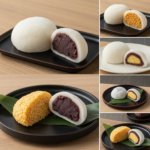 Split screen comparison showing two desserts. On the left: scoops of pink frozen yogurt and berries topped with a swirl of soft serve and honey. On the right: scoops of vanilla and chocolate ice cream topped with chocolate syrup and peanuts.